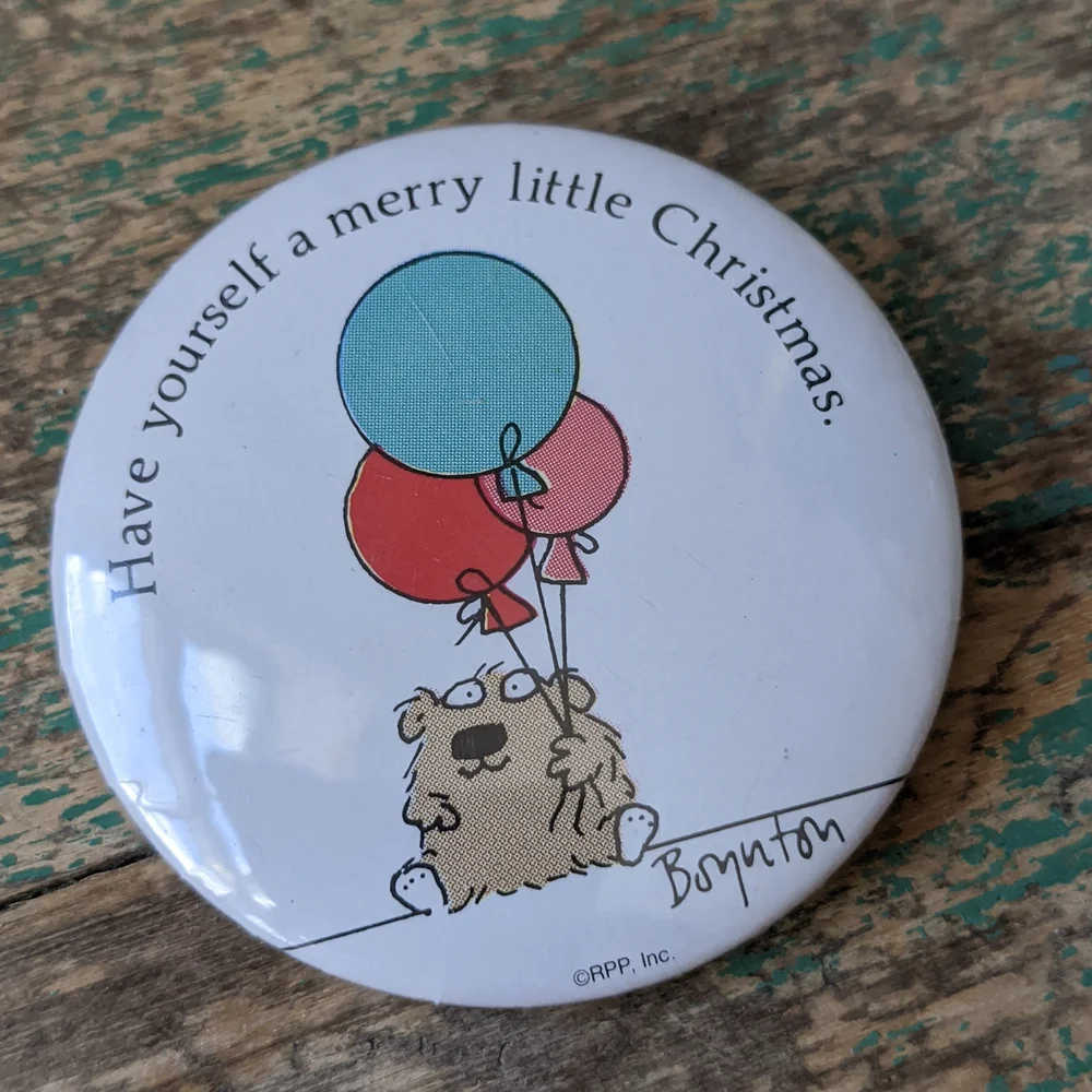 Vintage Sandra Boynton Christmas Holiday Pinback Buttons, lot of 2